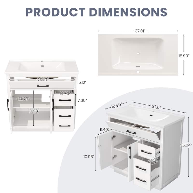36" Free-Standing Bathroom Vanity with Marble Countertop-Soft-Close Drawers & Cabinet