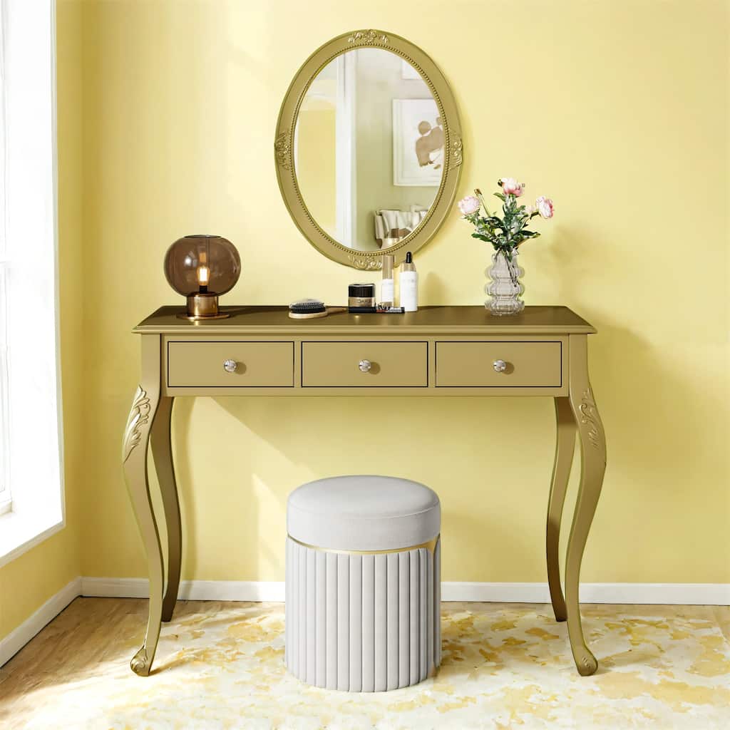 Makeup Vanity Desk with Oval Mirror, 3-Drawer Dressing Table for Jewelry Storage