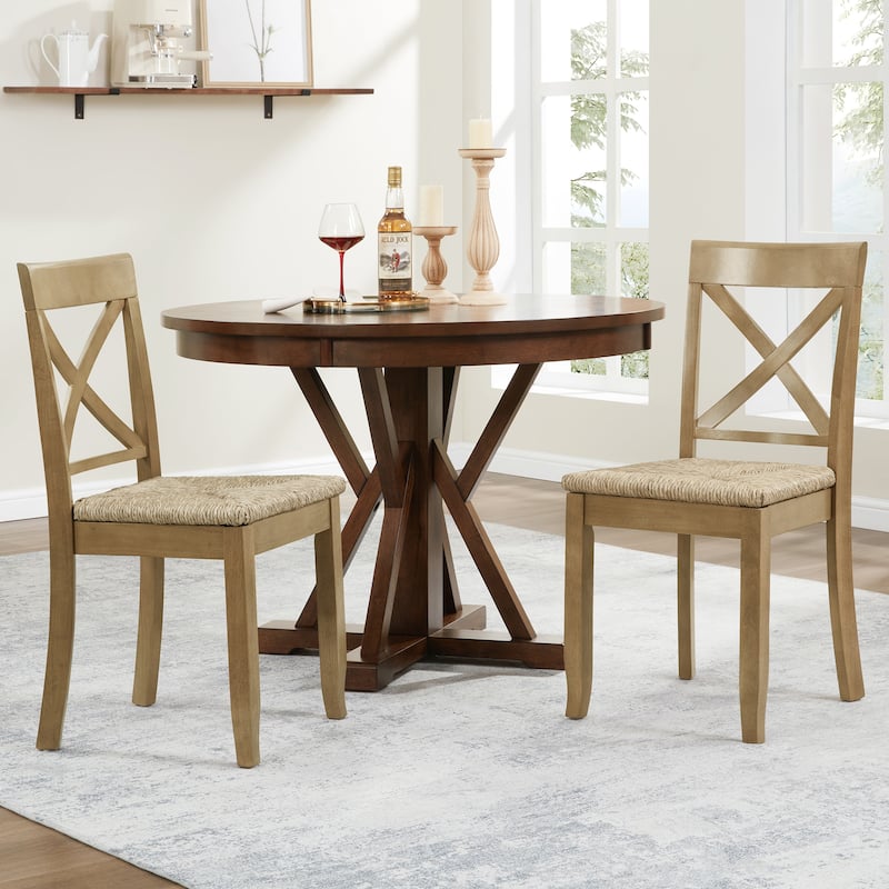 Bohemian 17" W Natural Weave Seagrass Rattan Seat Cross Back Dining Chairs - Set of 2 - Brown