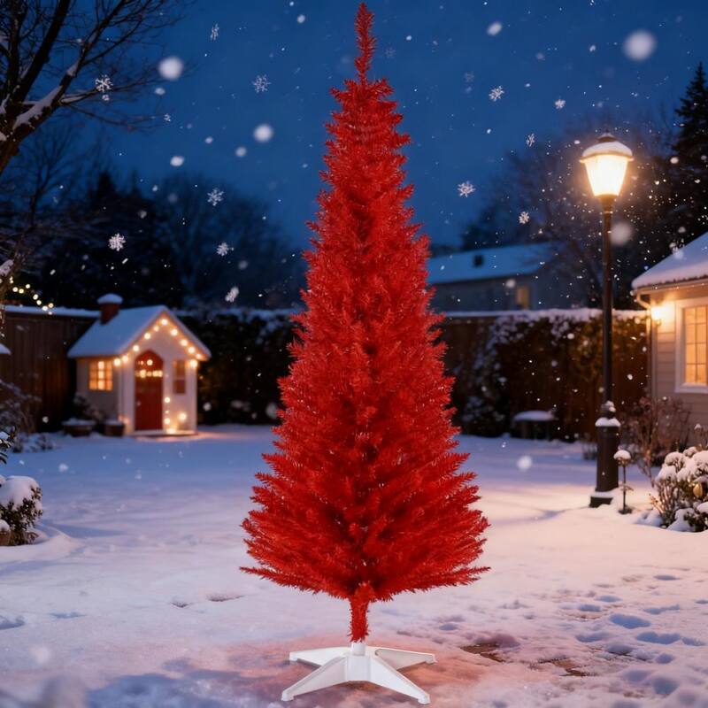 Vibrant Christmas Tree,Artificial Pencil Tree with White Base, Perfect for Stylish Holiday Displays - Red