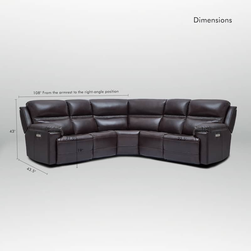 5PCS, 2 power Recliners, Dual-Power Genuine Leather Reclining Sectional with Adjustable Headrest