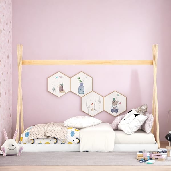 slide 2 of 11, Full Size Tent Floor Kids Bed Frame with Triangle Structure and Safety Railings for Kids, Special Design, White+Natural White+Natural