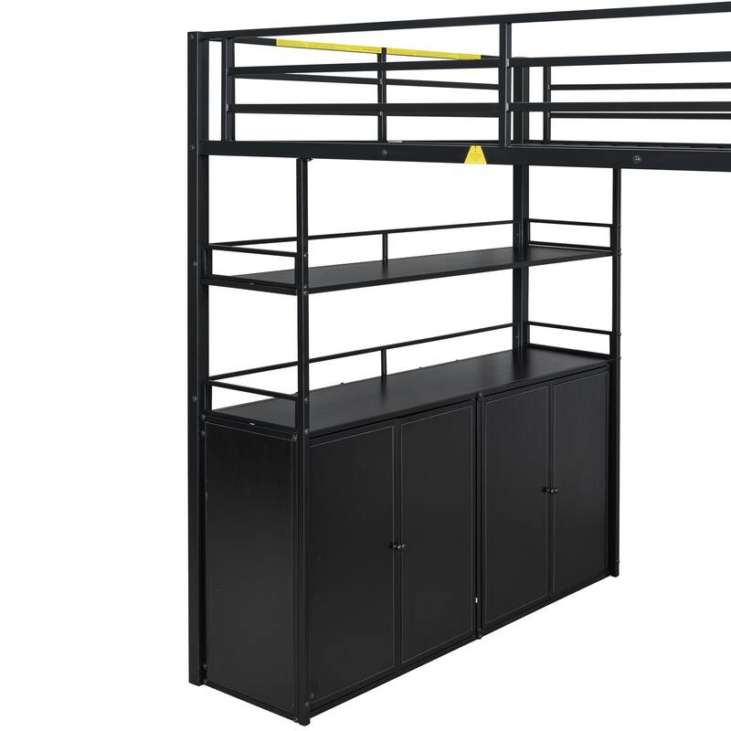 Full Size Metal Loft Bed with Storage Staircase, Wardrobe, Shelves and Lockers