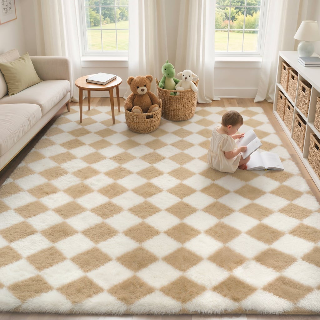 Mcow Diamond Check Collection High-Pile Machine-Washable Area Rug