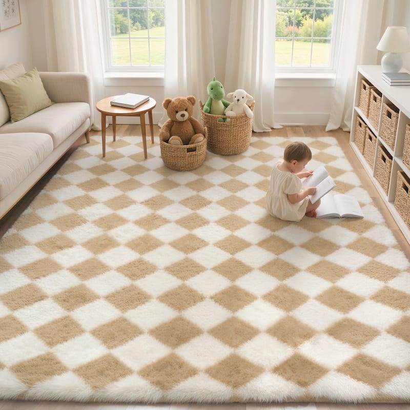 Mcow Diamond Check Collection High-Pile Machine-Washable Area Rug - Beige - 5' x 7' - Runner