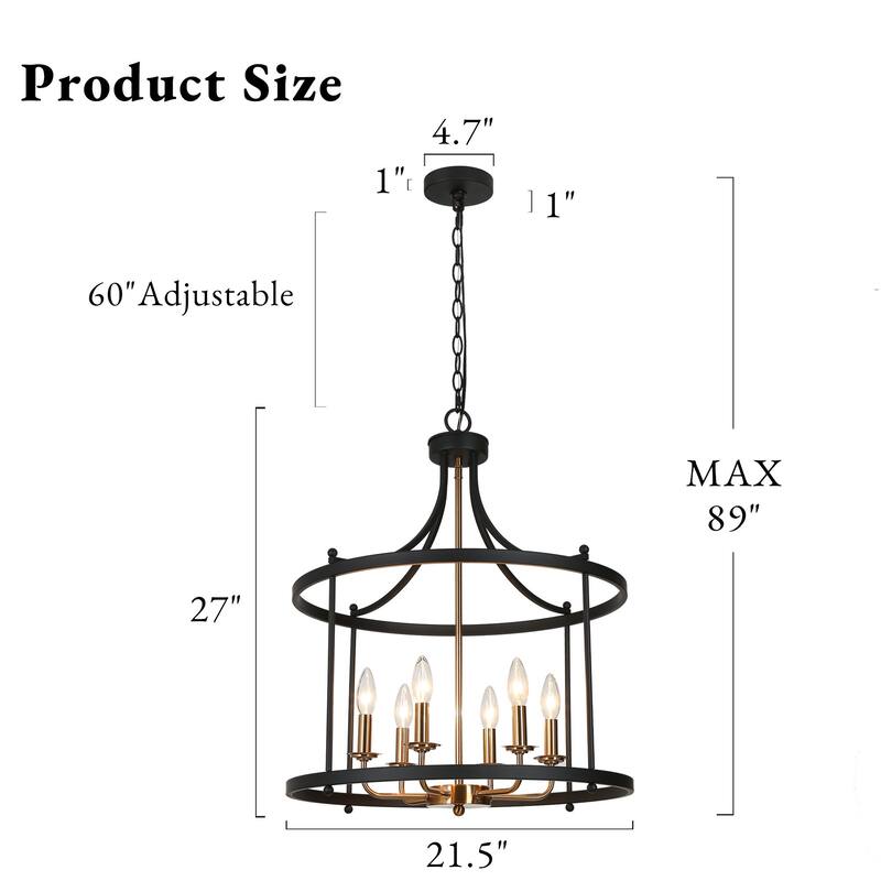 Modern 6-Light Drum Chandelier Black Gold Lantern Pendant for Dining Room Foyer - 21.5'' D x 27'' H