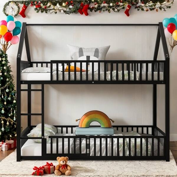 slide 2 of 10, Black House Bunk Bed with Fence and Door,Playful Kids Bed,Twin over Twin Black