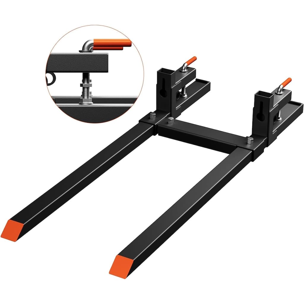 Clamp on Pallet Forks, Tractor Bucket Forks with Adjustable Stabilizer Bar, Quick Attach Pallet Forks