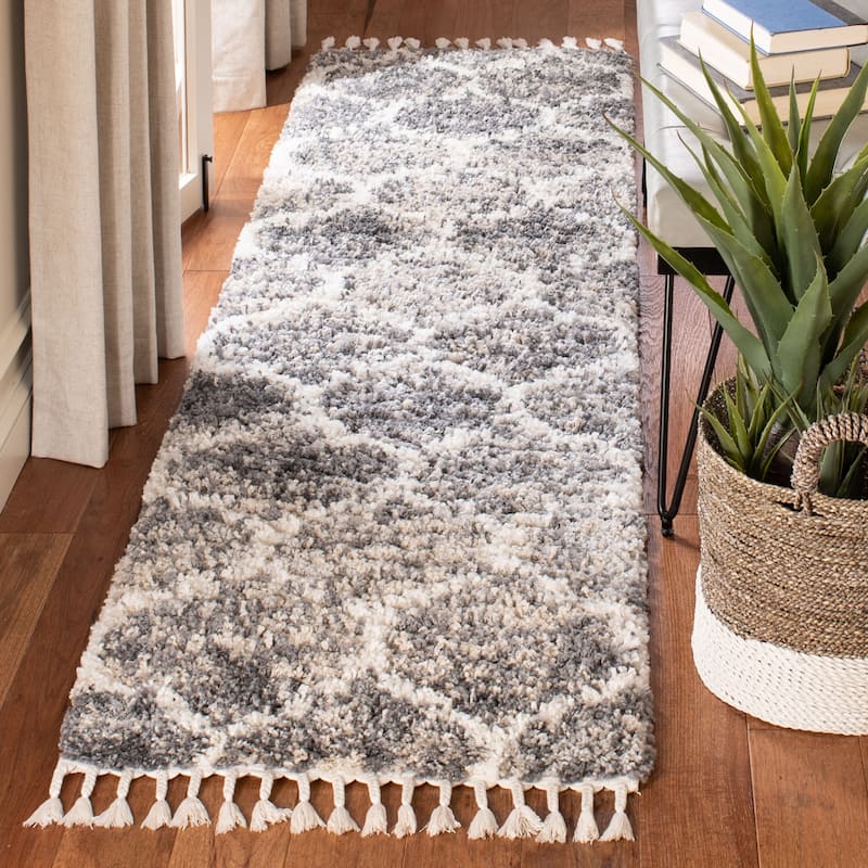 SAFAVIEH Montreal Shag Pearline 2-inch Thick Rug - 2'2" x 8' Runner - Dark Grey/Ivory