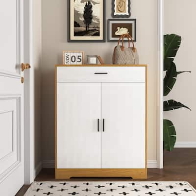 4-Tier Shoe Rack Organizer with 1 Drawer,Freestanding Wooden Shoe Storage Cabinet with 2 White Door & Adjustable Shelves