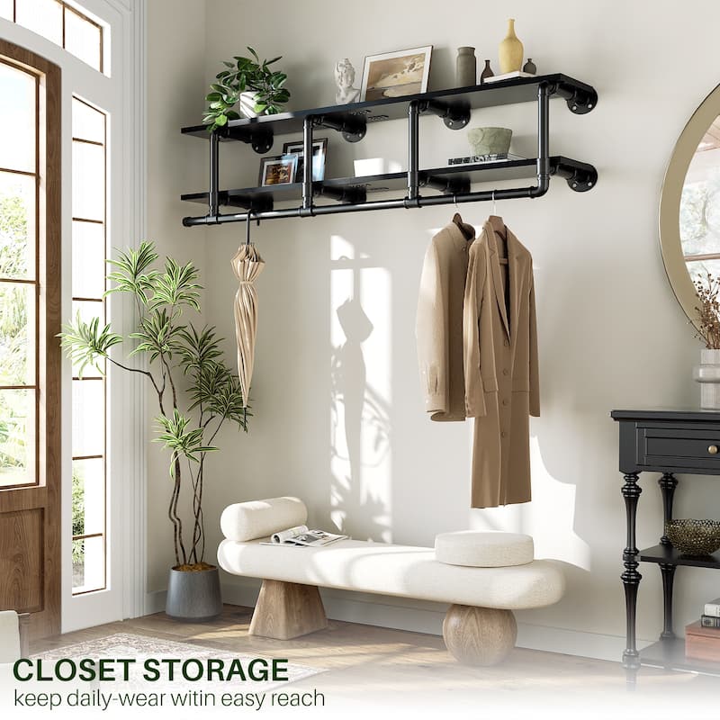Floating Pipe Heavy-Duty Garment Rack, Wall-Mounted Closet Organizer with Storage Shelves