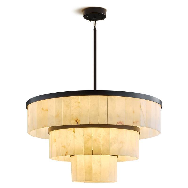 Elegant layered alabaster chandelier with natural stone panels