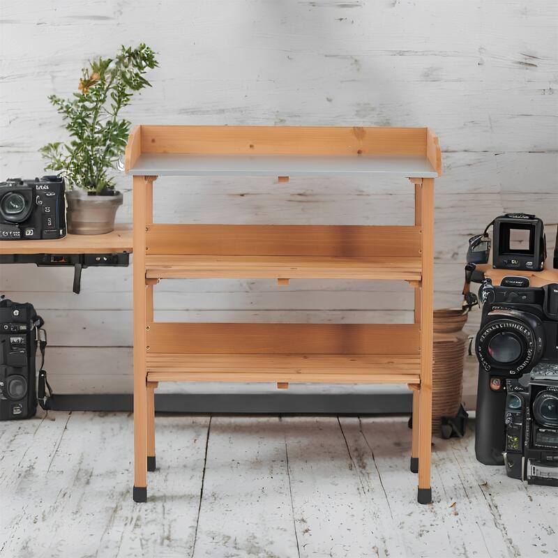 3 Layers Outdoor Work Potting Table, Solid Wood Workstation for Garage