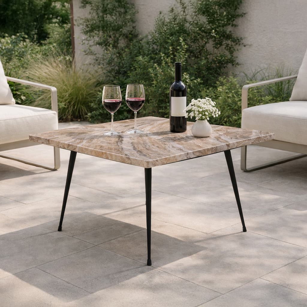 Taro Coffee Table, 24 Inch Square Taupe Brown Real Marble Top, Black Metal Legs