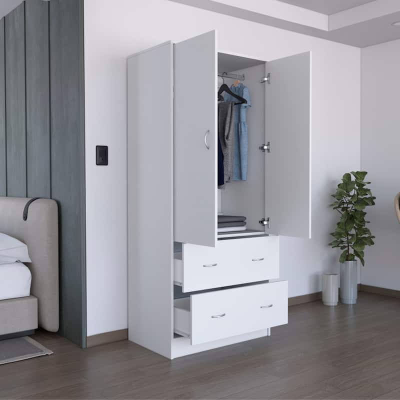 19" Modern Double-door Armoire with Two Drawers and Hanging Rod for Bedroom