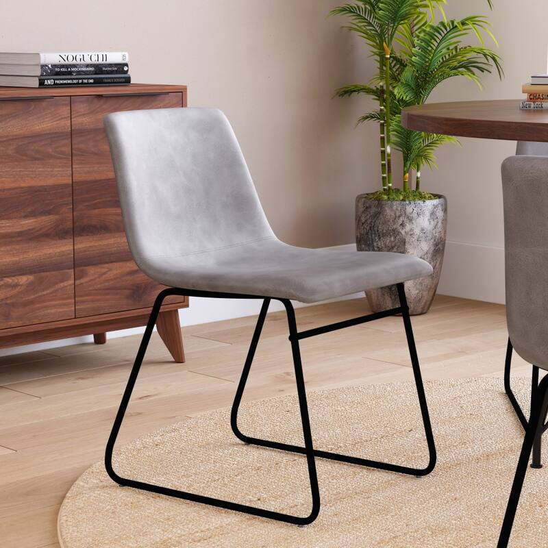 18 Inch Indoor Dining Table Chairs, LeatherSoft Upholstery-Set of 2 - Light Gray Faux Leather/Black Frame