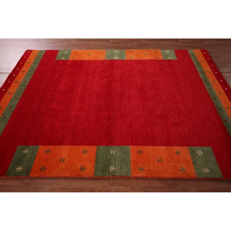 Red Gabbeh Oriental Area Rug Hand-Knotted Wool Carpet - 5'9"x 7'11"