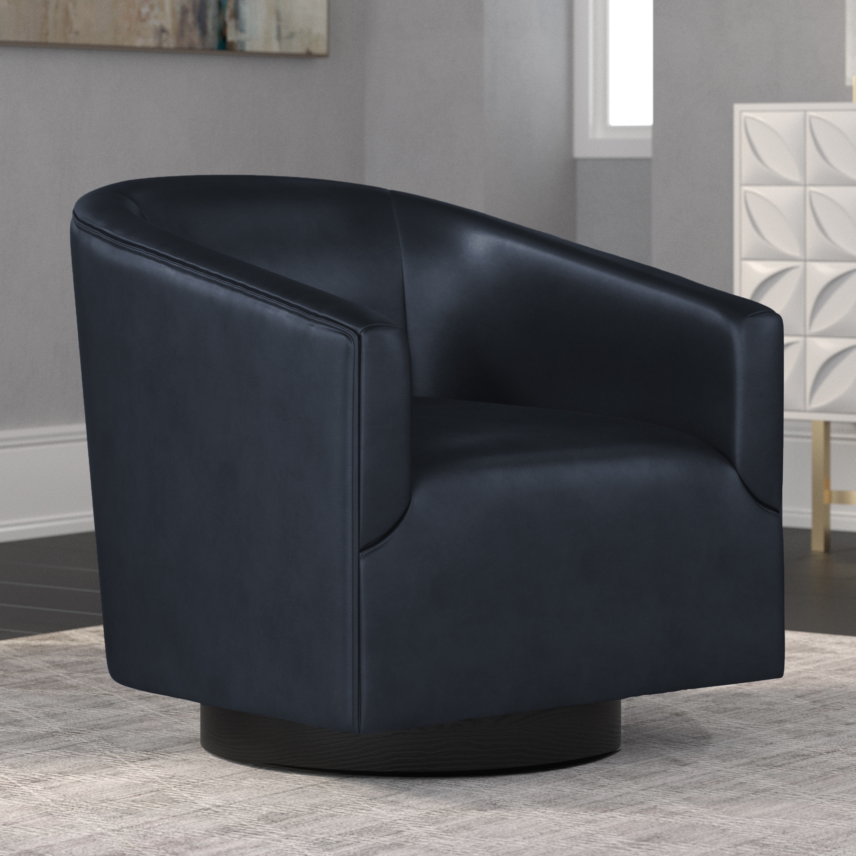 Gilbert Wood Base Vegan Leather Barrel Swivel Accent Chair