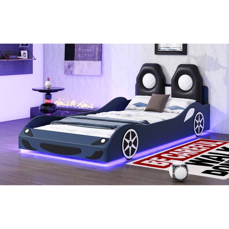 Wood Twin Size Race Car-Shaped Platform Bed With Led And Upholstered Backrest