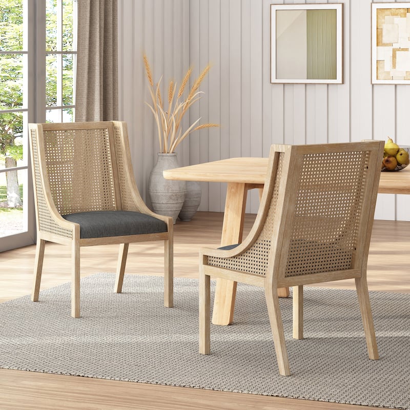 Maurers Cane and Wood Upholstered Dining Chairs (Set of 2) by Christopher Knight Home - Charcoal+Natural