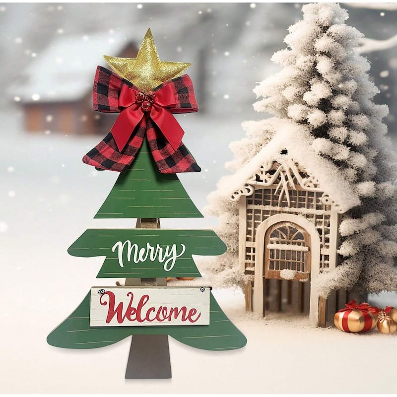 28‘’ H Wooden Snowman Christmas Porch Sign, Outdoor Christmas Decorations for Porch & Front Door Holiday Décor - Christmas Tree