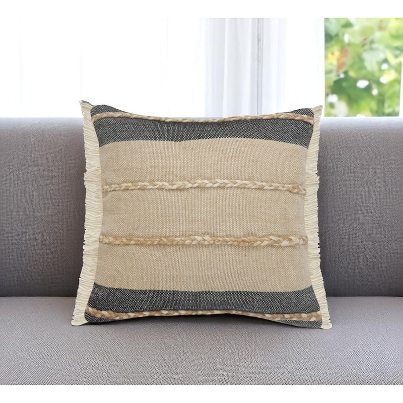 HomeRoots 24" Black And Tan Striped Cotton And Jute Throw Pillow with Fringe