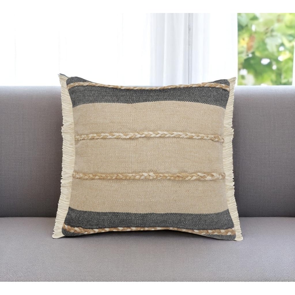 HomeRoots 24" Black And Tan Striped Cotton And Jute Throw Pillow with Fringe