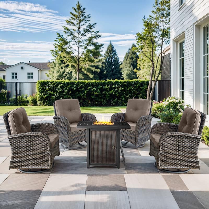 Outdoor Fire Pit Table with Chairs Set - Brwon Wicker Grey Cushion - 5PCS Swivel Chair w/ Fire Table