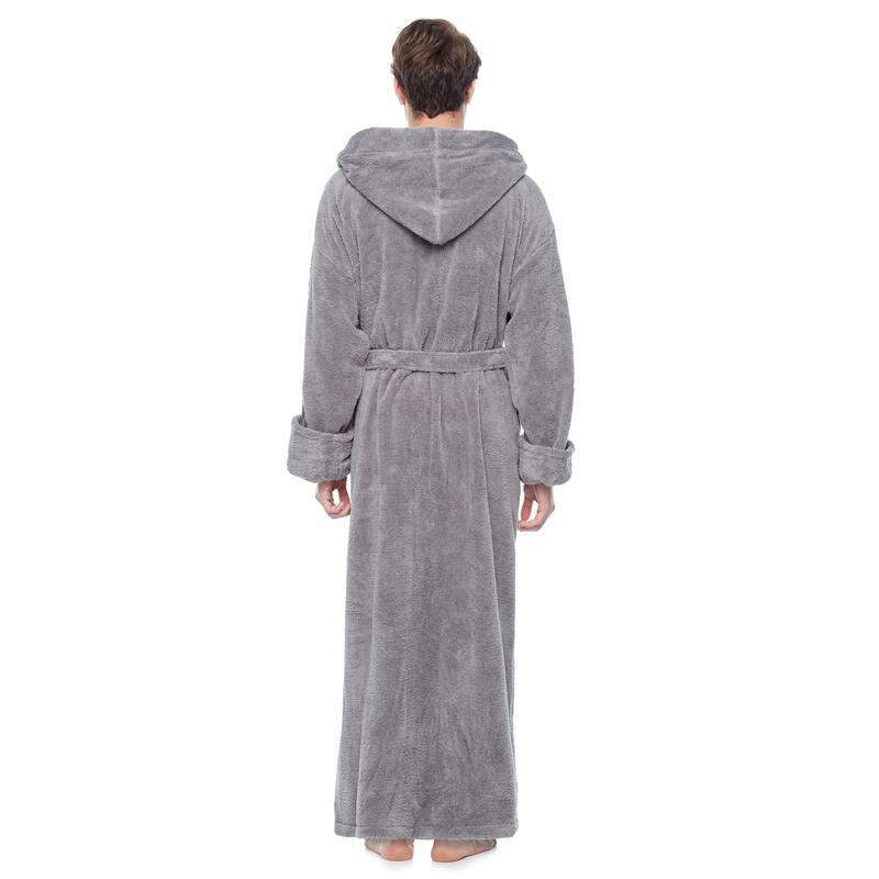 Men's Hooded Soft Plush Fleece Bathrobe Full Length Robe On Sale