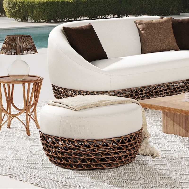 Willow 25" Woven Rope Upholstered Outdoor Patio Ottoman - 25"W X 25"D X 13.5"H
