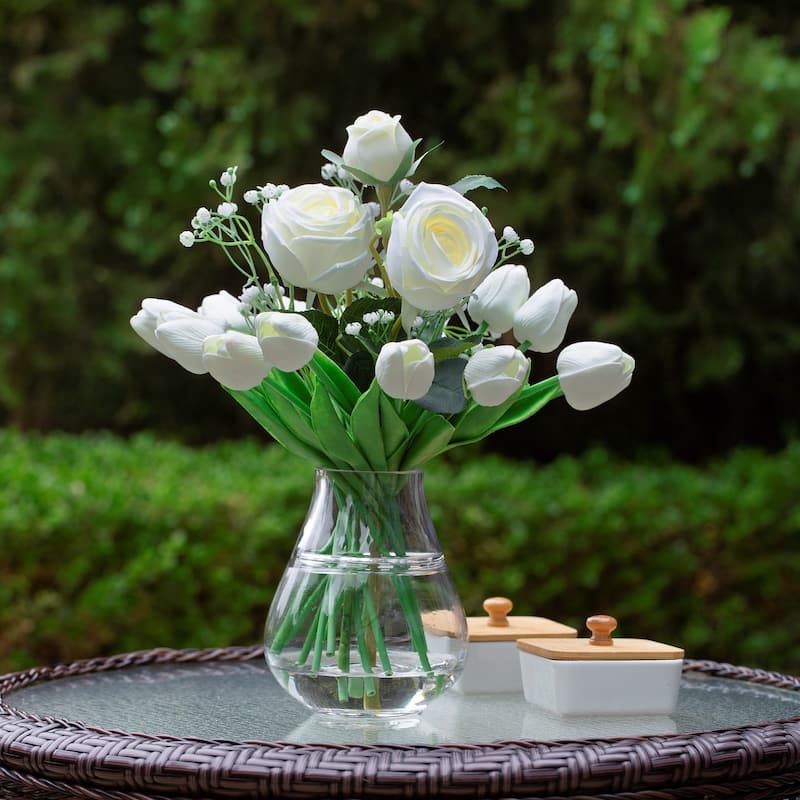 Mixed Rose and Tulip Flower Arrangement in Clear Glass Vase with Acrylic Water for Home Wedding Decoration - White