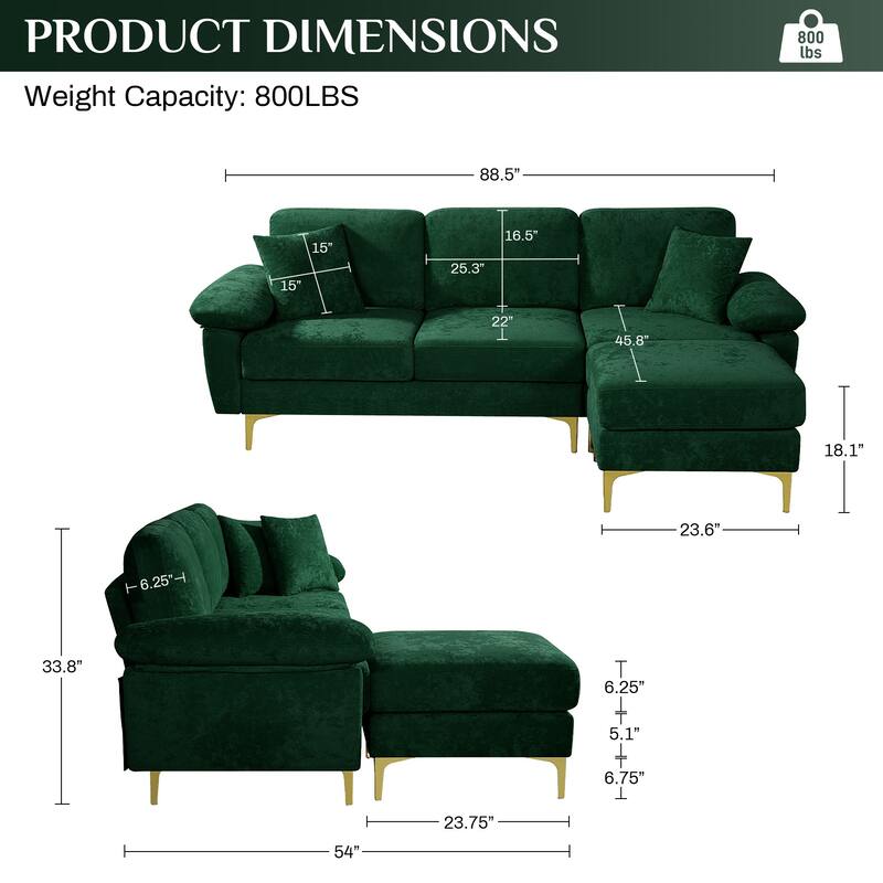 Ouyessir 2-Pieces Upholstered Velvet Sectional Sofa with 2 Pillows & Ottoman