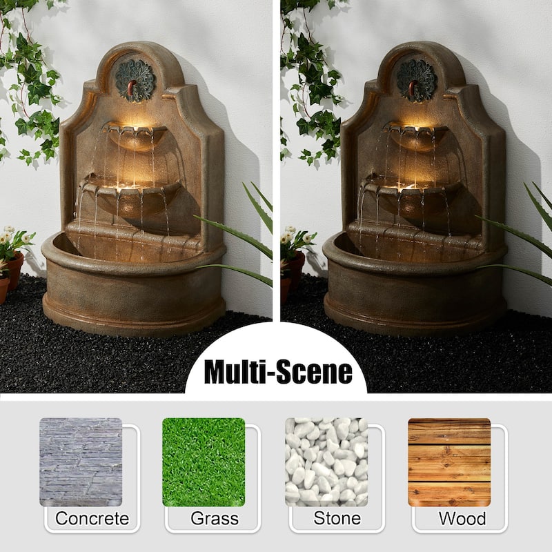 Glitzhome 37.25"H Oversized 3-Tier Single Spout European Style Polyresin Wall Fountain with LED Lights
