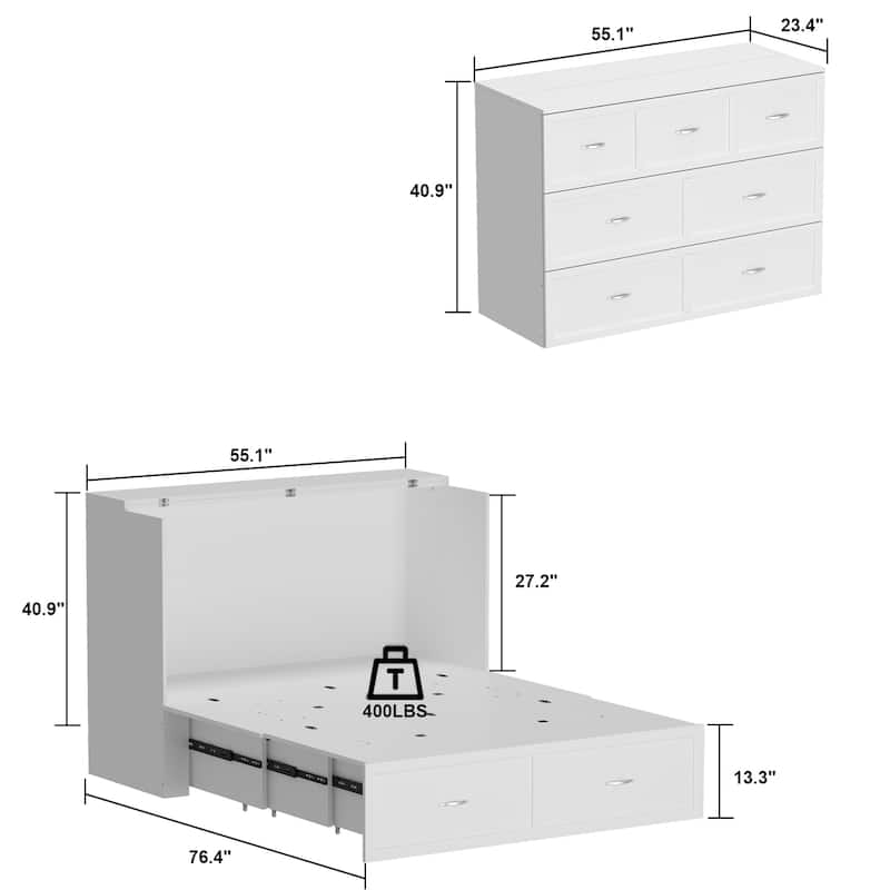 Modern Wood Full Murphy Bed Chest in White Finish Dresser 2-1 Cabinet