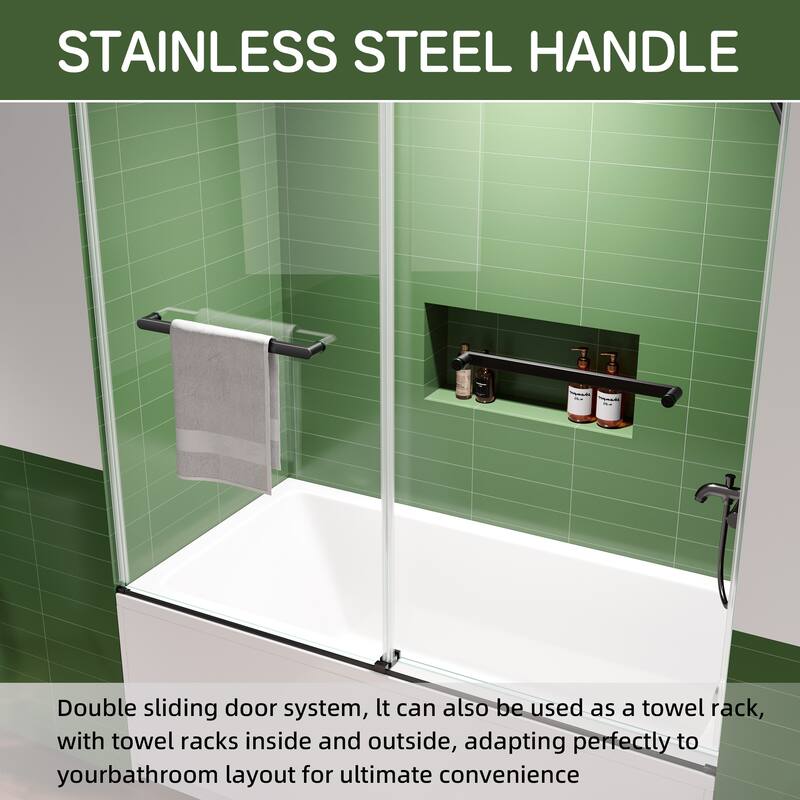 60x60 Frameless Bathtub Sliding Shower Door, 8mm Tempered Glass, Matte Black, Stainless Rollers, 4 in Adjustable
