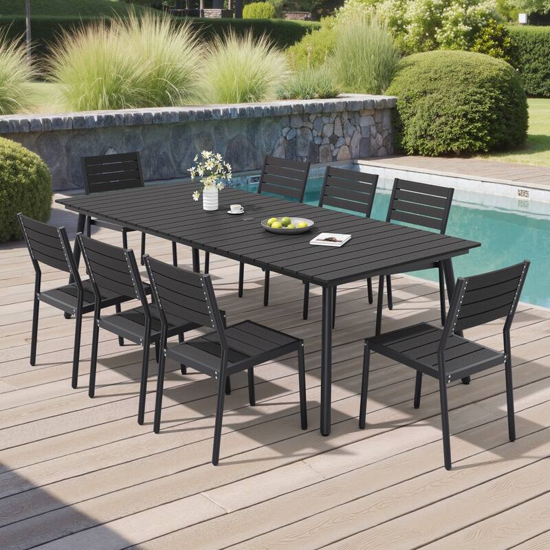 9-Piece Outdoor Patio Dining Set Wood-Like Table Top Alumium Umbrella Hole Table with Stackable Armless Dining Chairs - Black