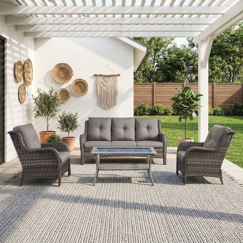Pocassy Outdoor Patio Wciker Sofa Furniture Set of Chair Table. - Gray Wicker with Gray Cushion - 4-Pieces Patio Sofa Wicker Chair w/ Coffee Table