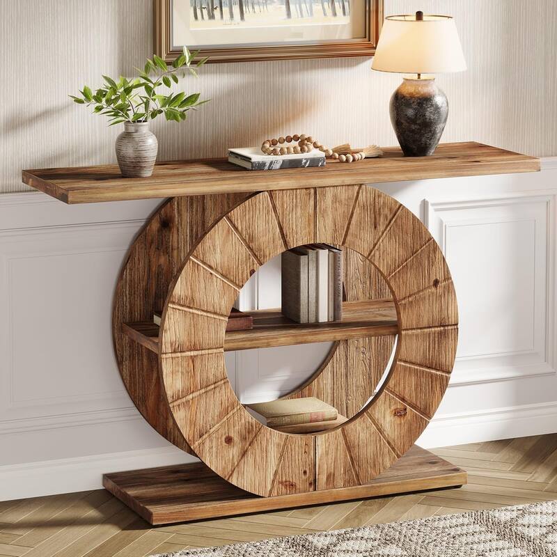 Solid Wood Console Table with Storage, Sofa Table with 3-Tier Shelves for Living Room, Hallway, Foyer