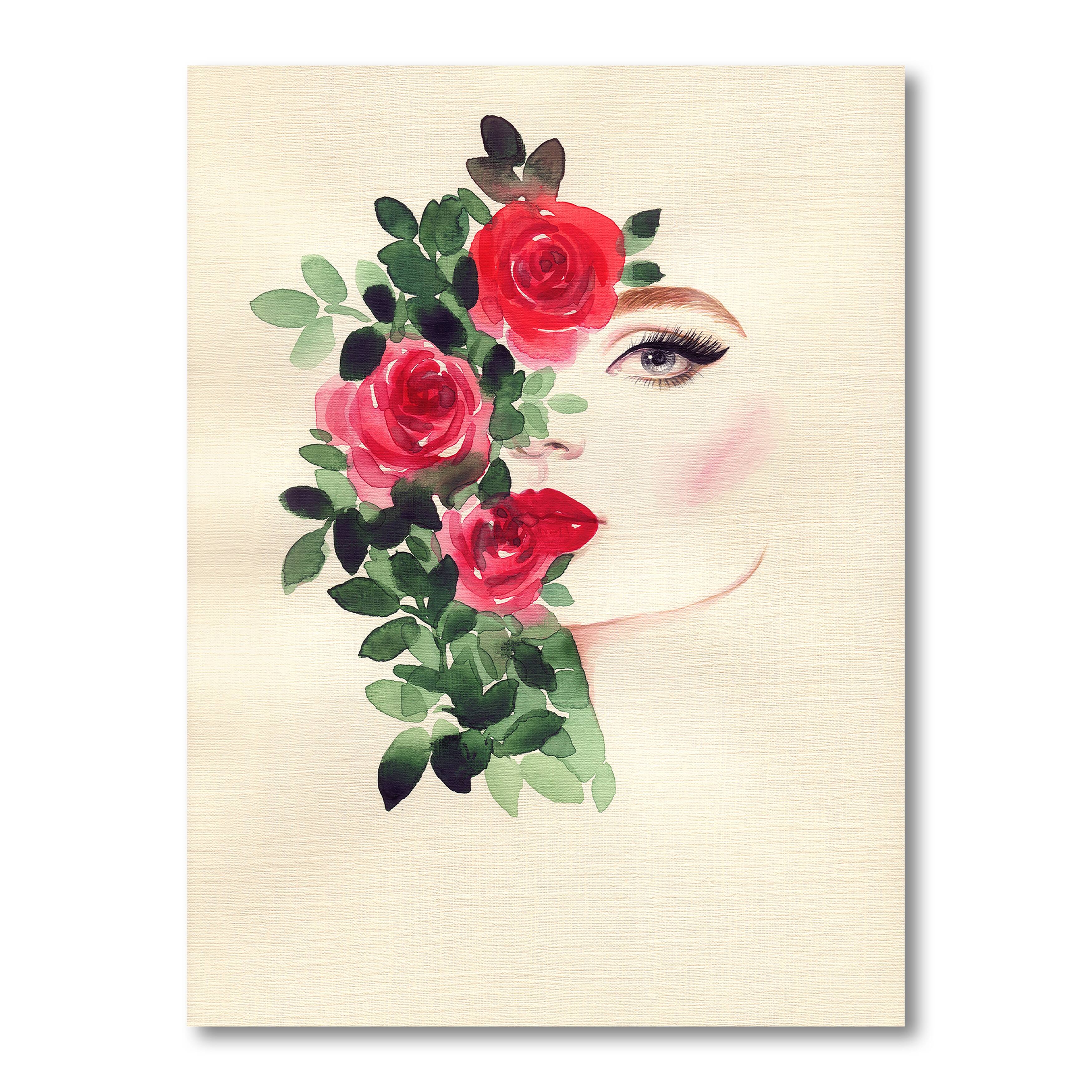 Designart "Green Floral Glam Woman Portrait" Glam Canvas Art Print