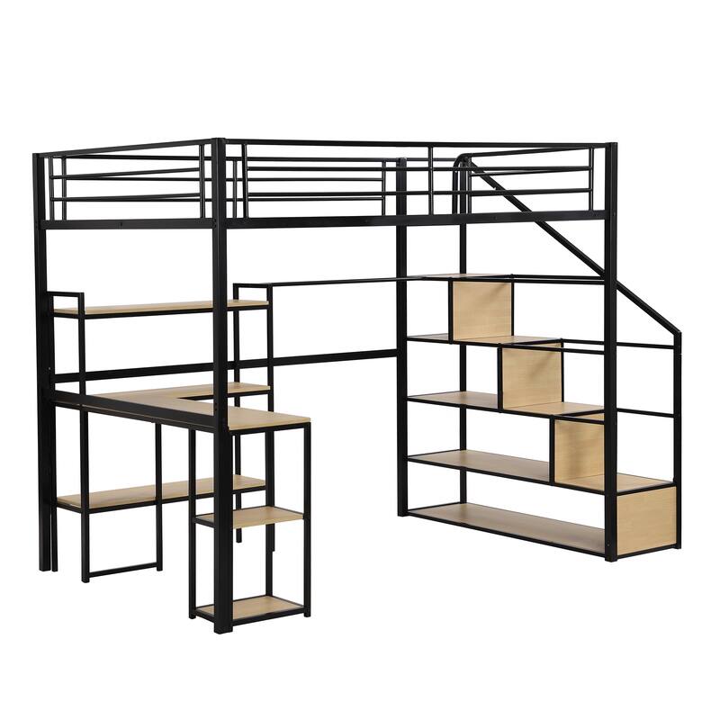 Full Size Metal Loft Bed with Staircase, Built-in Desk, and Shelves in Black