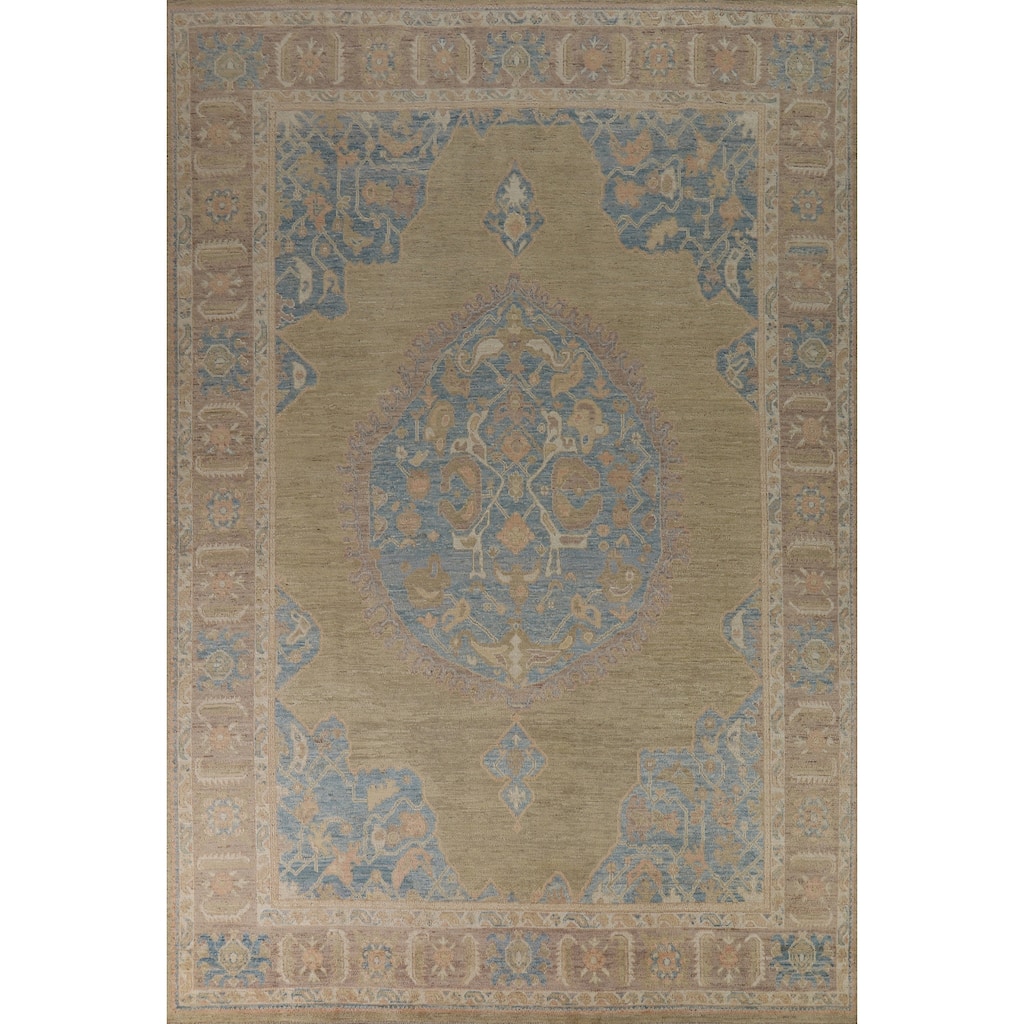 Hand Knotted Oriental 100% Wool Carpet Transitional Medallion Yellow & Gold Oushak Area Rug - 12' 1'' X 8' 10''