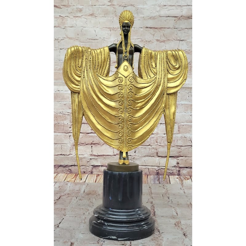 J. Erte Art Deco Golden Lady Sculpture With Flowing Drapery On Marble Base