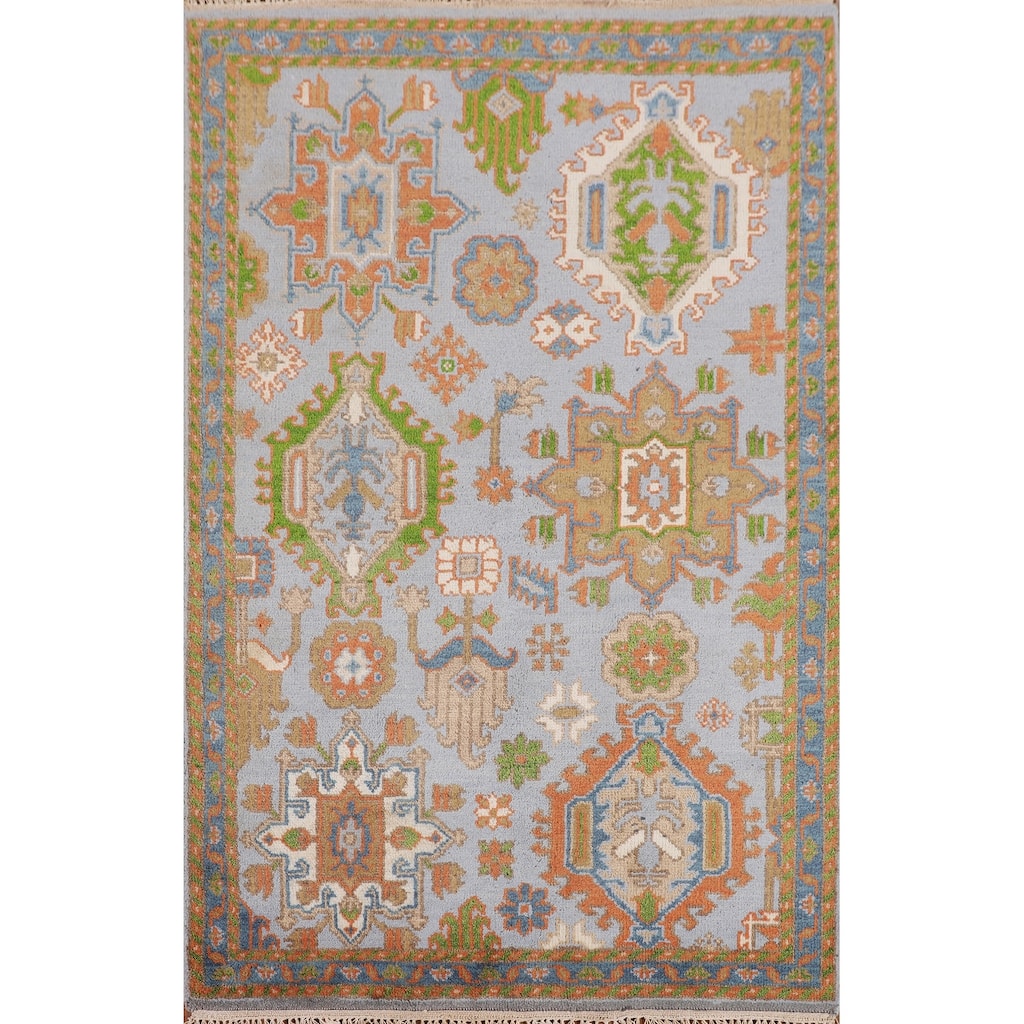Light Blue Geometric Oushak Oriental Accent Rug Handmade Wool Carpet - 3'11" x 5'11"