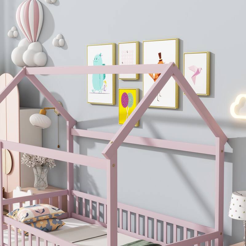 Wood Toddler House Bed with Roof Frame and Safety Guardrails Montessori Floor Bed without Slats No Door Houseshaped Platform Bed