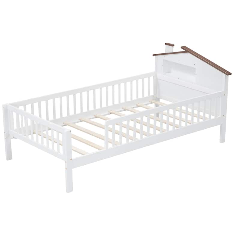 Twin Size Platform Bed with LED-Lit House Headboard, Built-in Storage Nook and Guardrails