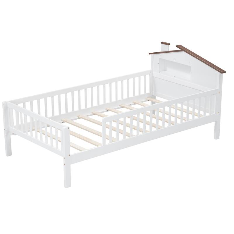 White Twin Size Wood Platform Bed with House-shaped Headboard, LED and Built-in Storage