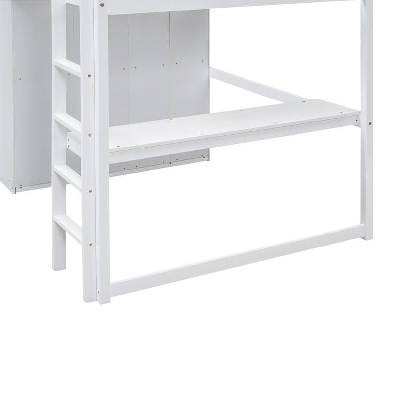 Wood Full Size Loft Bed with Built-in Wardrobe, Desk, Storage Shelves and Drawers