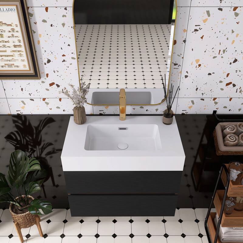Wall Mounted Bathroom Vanity with Solid Surface Sink and Soft Drawers