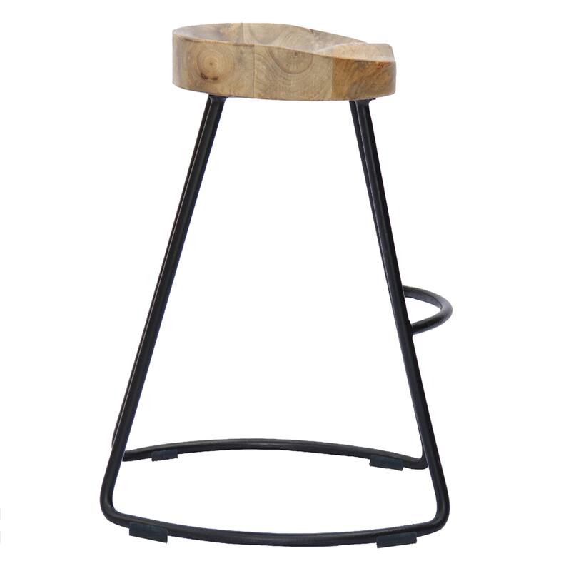 Ela 30 Inch Mango Wood Bar Stool, Saddle Seat, Iron Frame Brown and Black