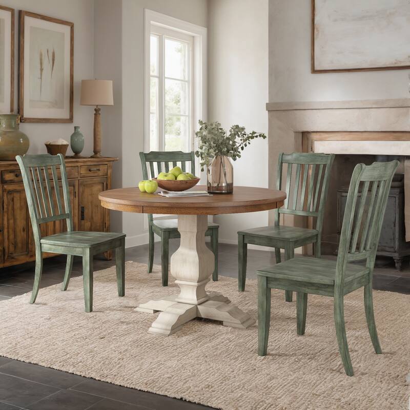 Ronda 45" Round Solid Wood Top Dining Set with Spindle Back Chairs - Antique White Table - Antique Sage Green Chairs